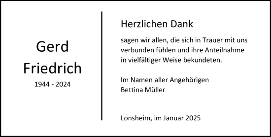 Traueranzeige von Gerd Friedrich von Allgemeine Zeitung Alzey