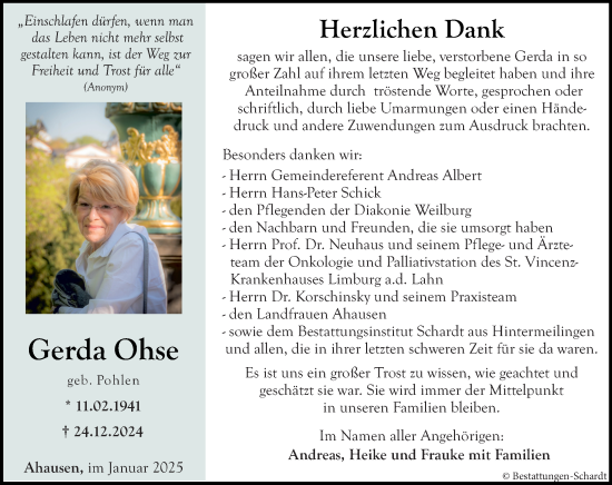 Traueranzeige von Gerda Ohse von Weilburger Tageblatt