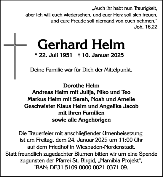 Traueranzeige von Gerhard Helm von Wiesbadener Kurier