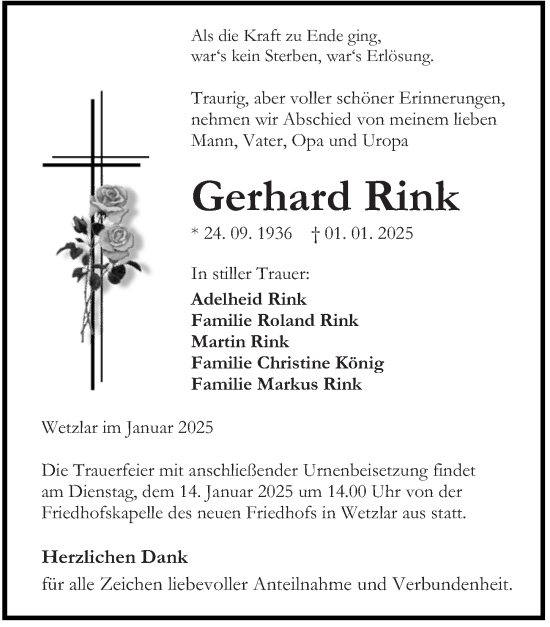 Traueranzeige von Gerhard Rink von Wetzlarer Neue Zeitung