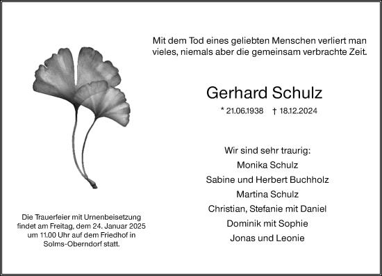 Traueranzeige von Gerhard Schulz von Wetzlarer Neue Zeitung