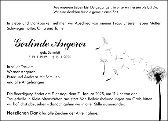 Traueranzeige von Gerlinde Angerer von Wetzlarer Neue Zeitung