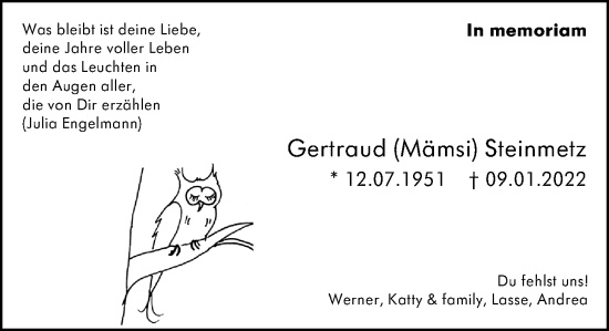 Traueranzeige von Gertraud Steinmetz von Allgemeine Zeitung Alzey