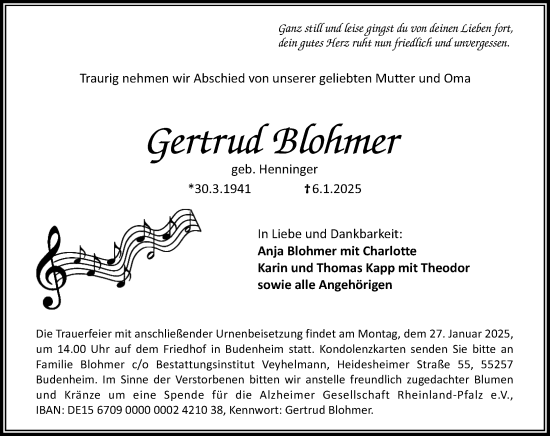 Traueranzeige von Gertrud Blohmer von Allgemeine Zeitung Mainz