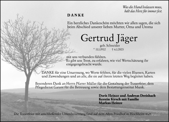 Traueranzeige von Gertrud Jäger von Hochheimer Zeitung