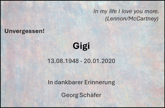 Traueranzeige von Gigi Schäfer von Hochheimer Zeitung
