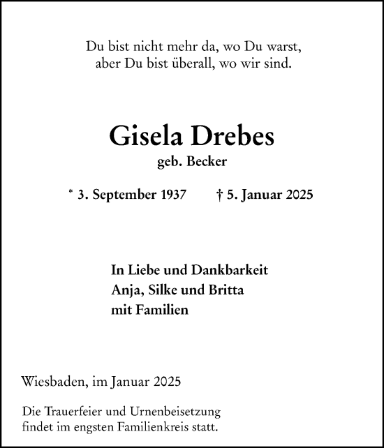 Traueranzeige von Gisela Drebes von Wiesbadener Kurier