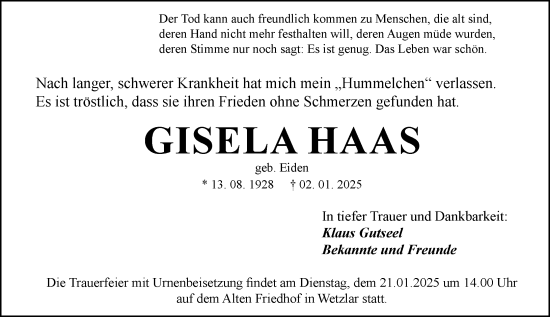 Traueranzeige von Gisela Haas von Wetzlarer Neue Zeitung