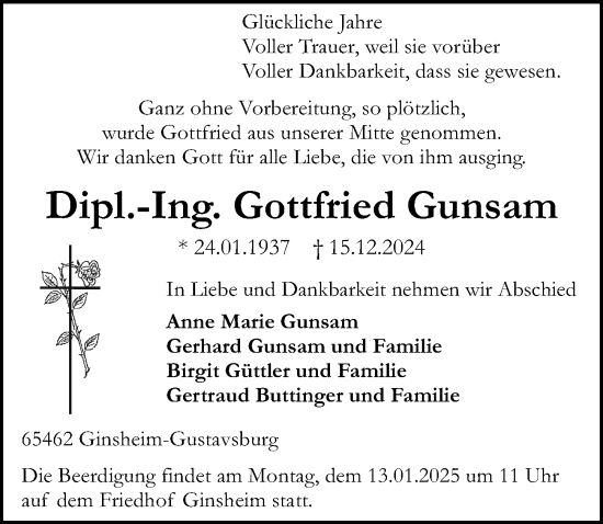 Traueranzeige von Gottfried Gunsam von Allgemeine Zeitung Mainz