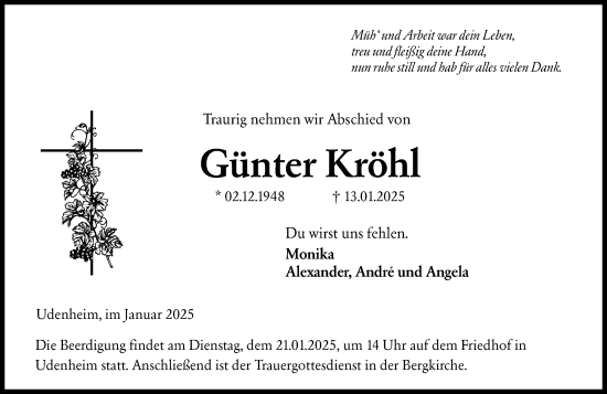 Traueranzeige von Günter Kröhl von Allgemeine Zeitung Alzey