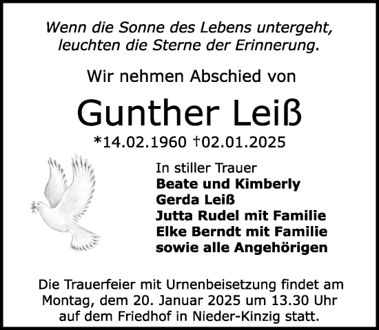 Traueranzeige von Gunther Leiß von Odenwälder Echo