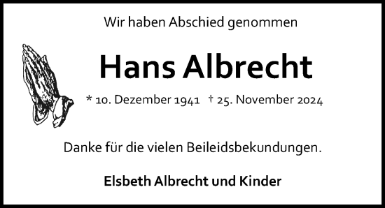 Traueranzeige von Hans Albrecht von Allgemeine Zeitung Mainz