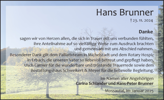 Traueranzeige von Hans Brunner von Odenwälder Echo