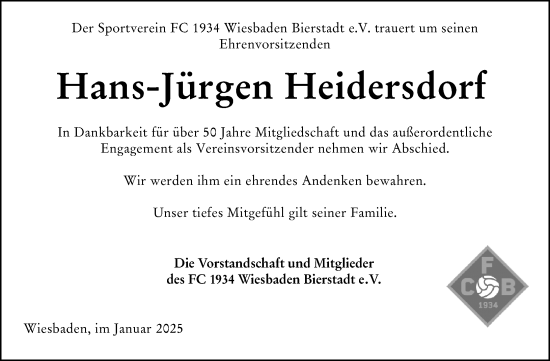 Traueranzeige von Hans-Jürgen Heidersdorf von Wiesbadener Kurier
