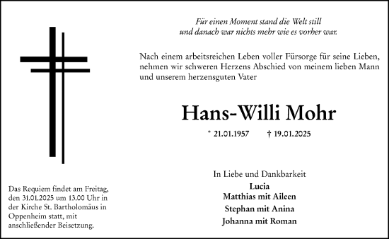 Traueranzeige von Hans-Willi Mohr von Allgemeine Zeitung Mainz