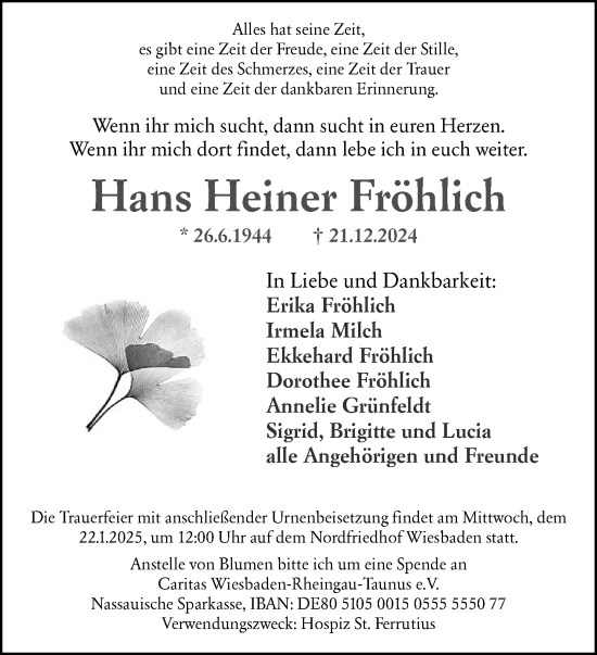 Traueranzeige von Hans Heiner Fröhlich von Wiesbadener Kurier