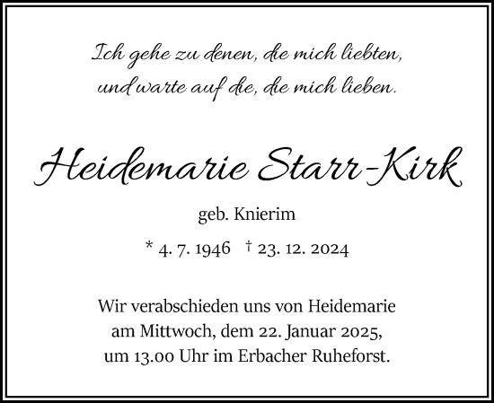 Traueranzeige von Heidemarie Starr-Kirk von Odenwälder Echo