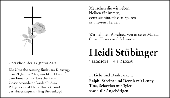 Traueranzeige von Heidi Stübinger von Dill Block