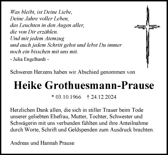 Traueranzeige von Heike Grothuesmann-Prause von Allgemeine Zeitung Mainz