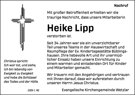Traueranzeige von Heike Lipp von Wetzlarer Neue Zeitung