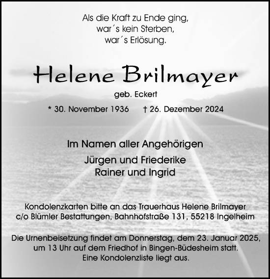 Traueranzeige von Helene Brilmayer von Allgemeine Zeitung Rheinhessen-Nahe
