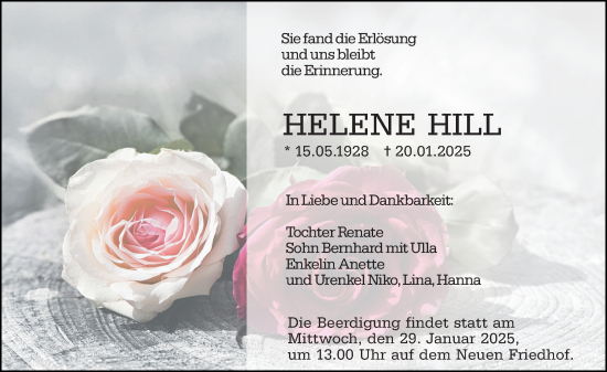 Traueranzeige von Helene Hill von Hochheimer Zeitung