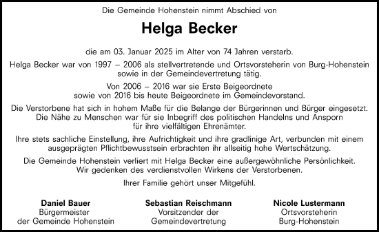 Traueranzeige von Helga Becker von Idsteiner Land/Untertaunus