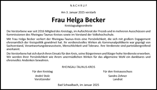 Traueranzeige von Helga Becker von Idsteiner Land/Untertaunus