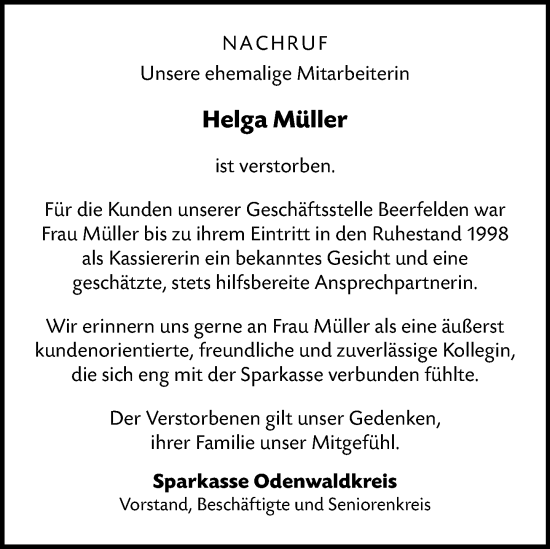 Traueranzeige von Helga Müller von Odenwälder Echo