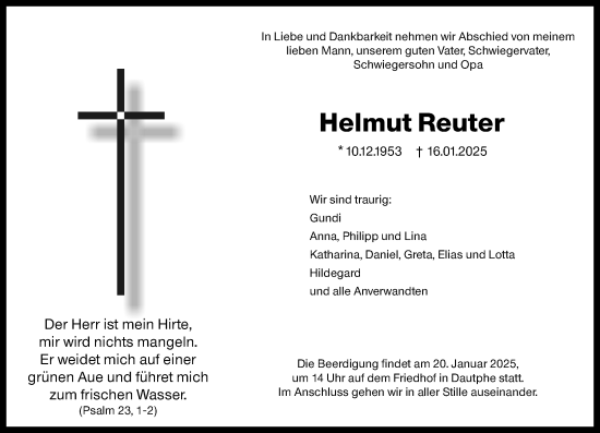 Traueranzeige von Helmut Reuter von Hinterländer Anzeiger