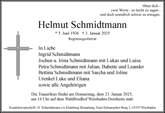 Traueranzeige von Helmut Schmidtmann von Wiesbadener Kurier