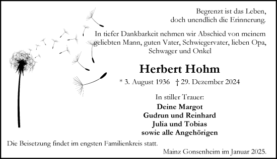 Traueranzeige von Herbert Hohm von Allgemeine Zeitung Mainz