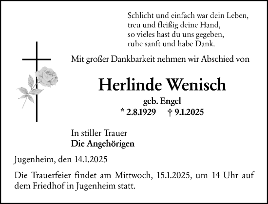 Traueranzeige von Herlinde Wenisch von Darmstädter Echo
