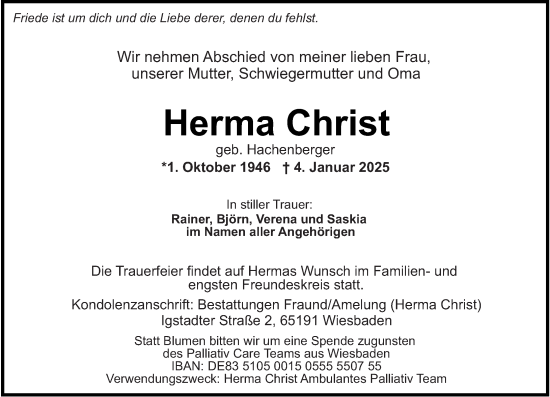 Traueranzeige von Herma Christ von Wiesbadener Kurier
