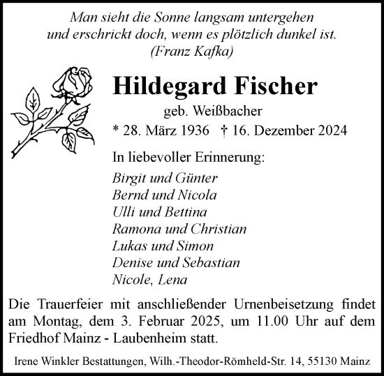 Traueranzeige von Hildegard Fischer von Allgemeine Zeitung Mainz