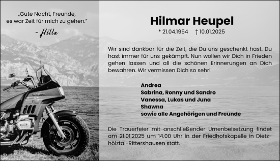 Traueranzeige von Hilmar Heupel von Dill Block