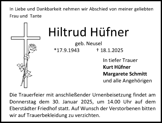 Traueranzeige von Hiltrud Hüfner von Darmstädter Echo