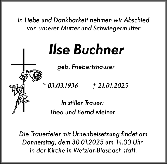 Traueranzeige von Ilse Buchner von Wetzlarer Neue Zeitung