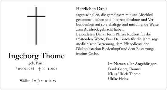 Traueranzeige von Ingeborg Thome von Hinterländer Anzeiger