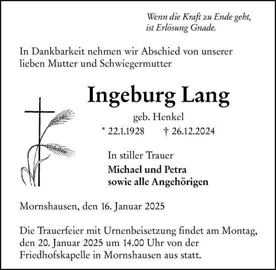 Traueranzeige von Ingeburg Lang von Hinterländer Anzeiger