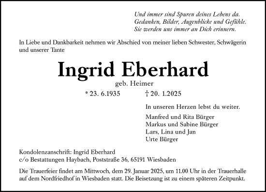 Traueranzeige von Ingrid Eberhard von Wiesbadener Kurier