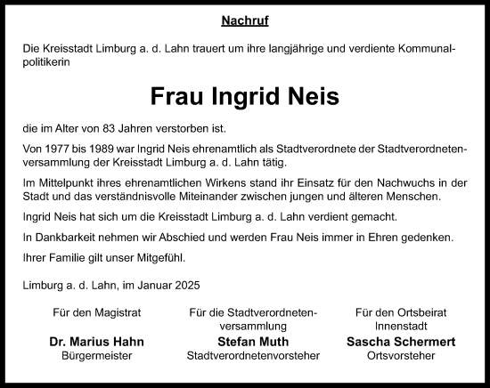 Traueranzeige von Ingrid Neis von Nassauische Neue Presse