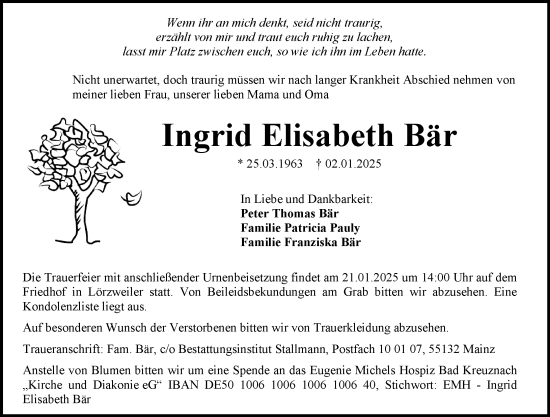 Traueranzeige von Ingrid Elisabeth Bär von Wiesbadener Kurier