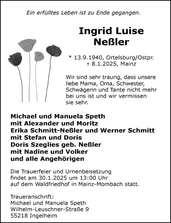 Traueranzeige von Ingrid Luise Nessler von Allgemeine Zeitung Mainz