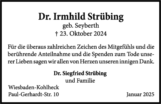 Traueranzeige von Irmhild Strübing von Wiesbadener Kurier