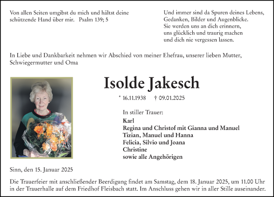 Traueranzeige von Isolde Jakesch von Dill Block