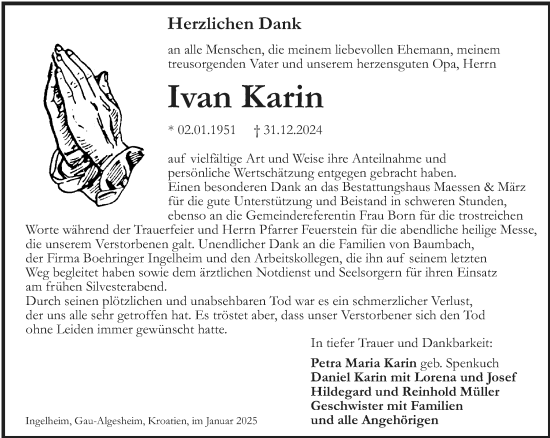 Traueranzeige von Ivan Karin von Allgemeine Zeitung Rheinhessen-Nahe