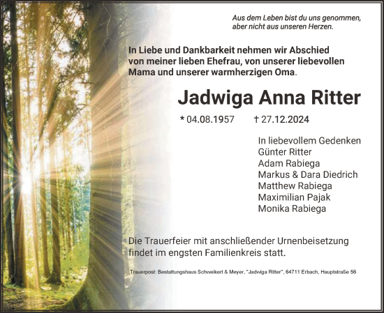 Traueranzeige von Jadwiga Anna Ritter von Odenwälder Echo