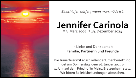 Traueranzeige von Jennifer Carinola von Allgemeine Zeitung Mainz