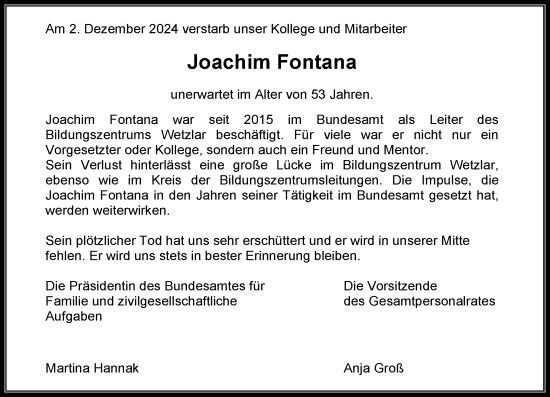 Traueranzeige von Joachim Fontana von Wetzlarer Neue Zeitung